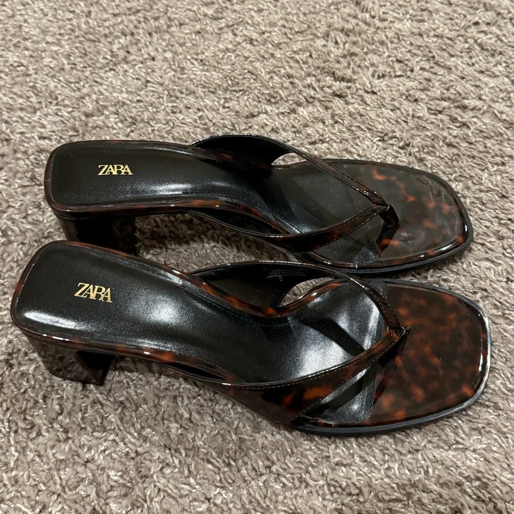 Zara Brown Leather Square-Toe Heeled Sandals - Picture 3 of 8